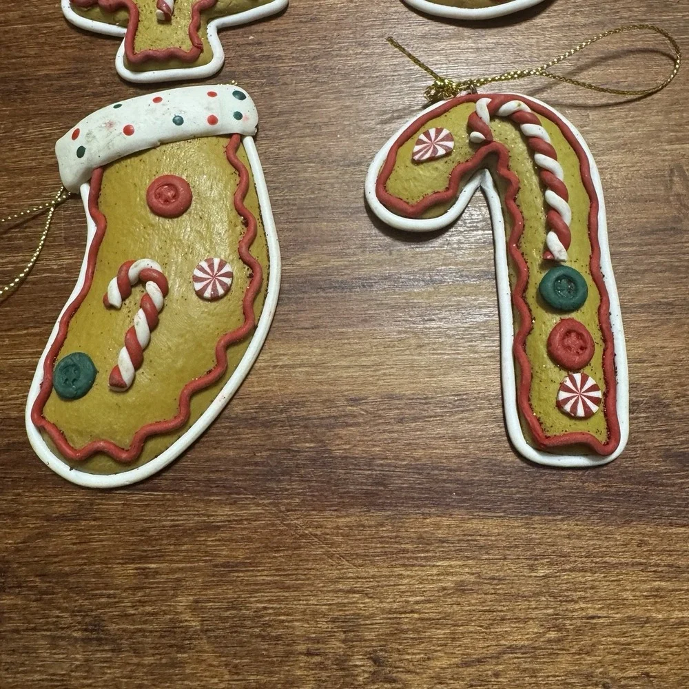 Set‎ Of 4 Christmas Ornaments Handmade Soft Clay - Stocking, Candy Cane, Tree